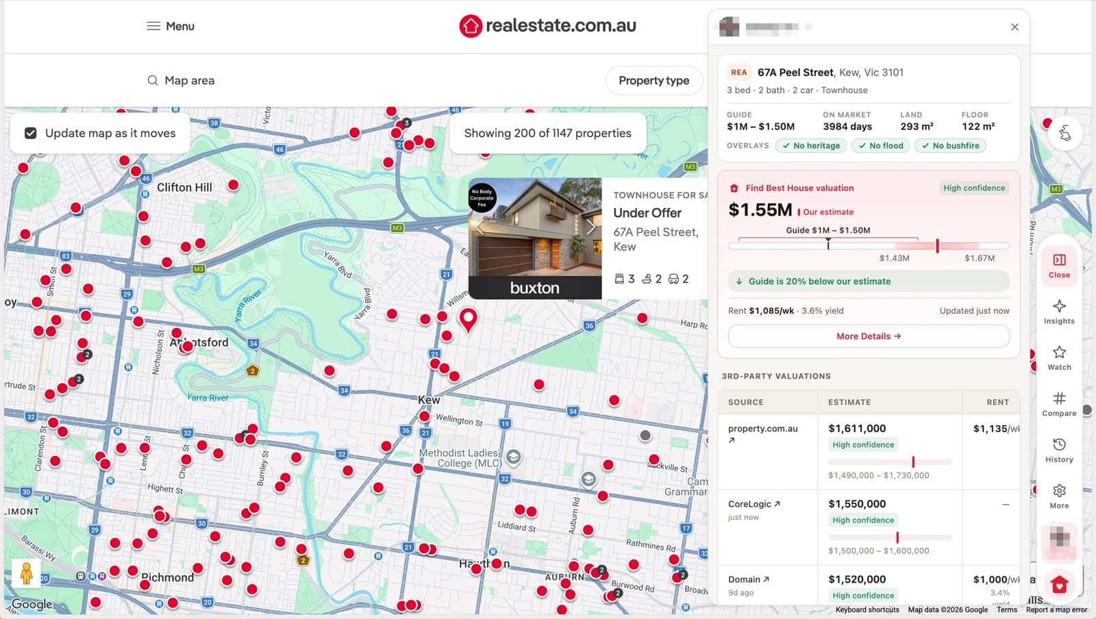 Find Best House panel open beside a realestate.com.au listing, showing what the home is likely worth, how the price guide compares and other valuations.