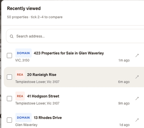 Find Best House recently viewed list showing properties from realestate.com.au and Domain with tick boxes to select and compare.
