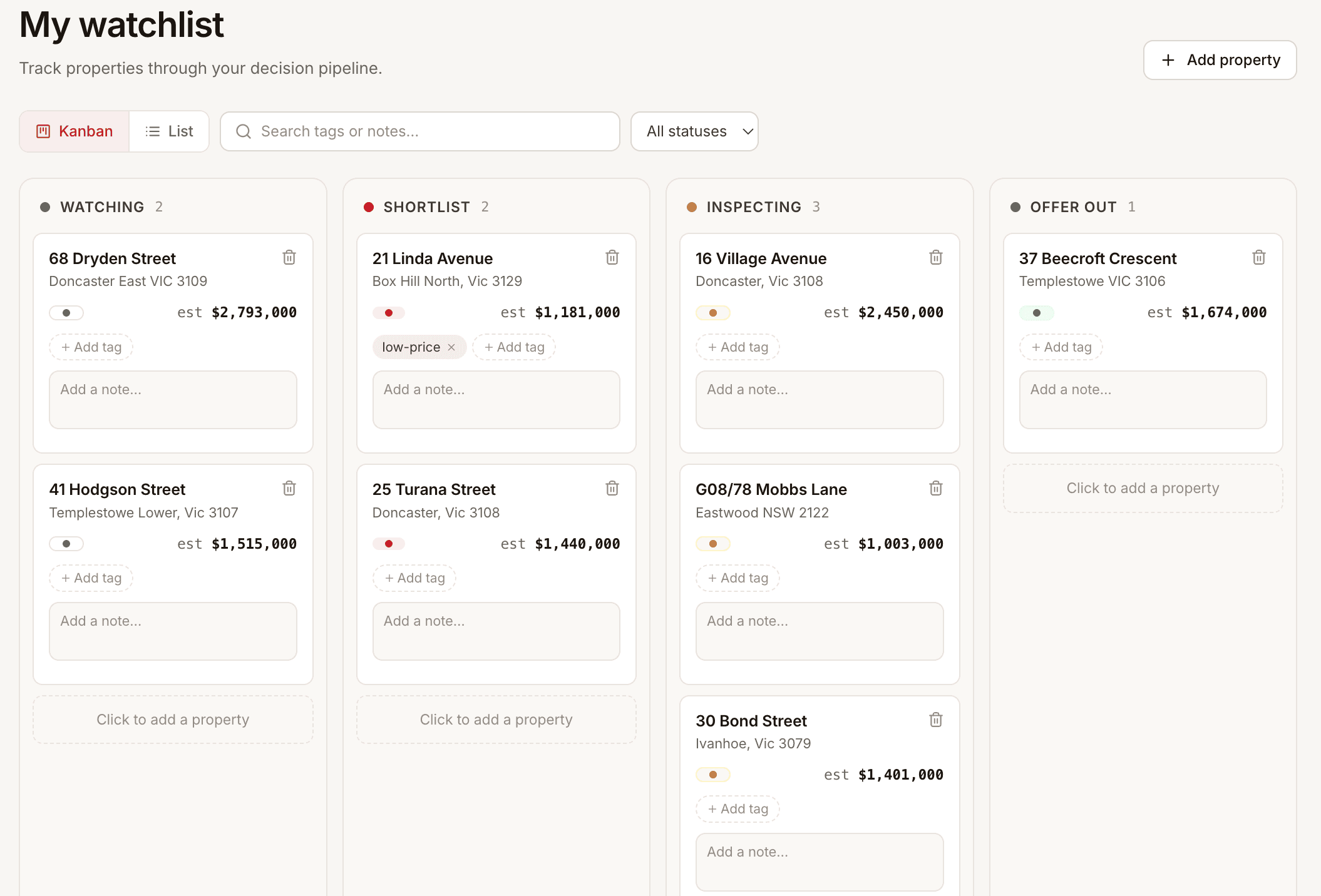 Find Best House watchlist board with Watching, Shortlist, Inspecting and Offer out columns, each property card showing its valuation.